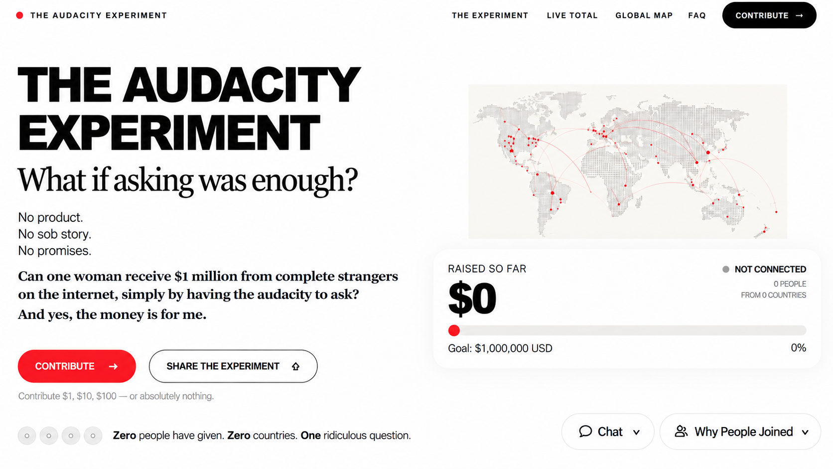 The Audacity Experiment: What if asking was enough? No product. No sob story. No promises. Can one woman receive one million dollars from complete strangers simply by having the audacity to ask? And yes, the money is for me. Goal $1,000,000 USD, currently $0, payments not connected. Illustrated world map and navigation to experiment details, sharing and future chat.